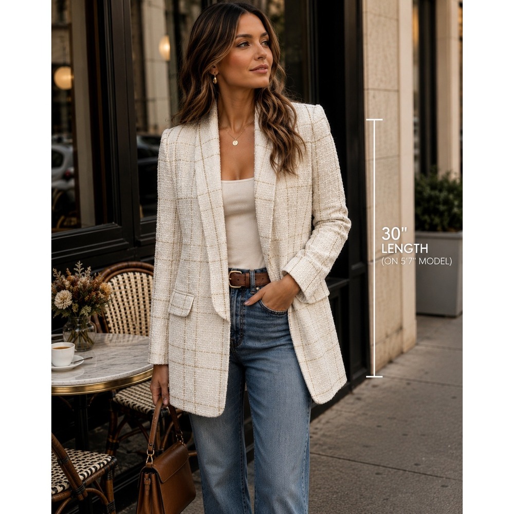 Chic Tweed Old Money Plaid Blazer Cream Gold Luxe Coastal Minimalist Sz M